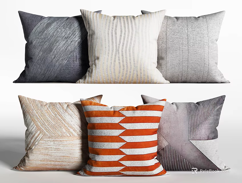 Modern Decorative Throw Pillows In Gray Beige Orange With Striped Geometric Textured Patterns 3d model