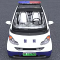 Small White And Blue Police Car With Roof Mounted Lights And License Plate