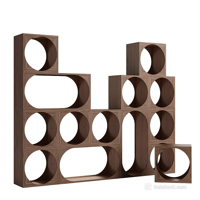 Modern Wooden Shelf Unit With Unique Geometric Shapes And Circular Oval Cutouts In Stacked Design 3d model 