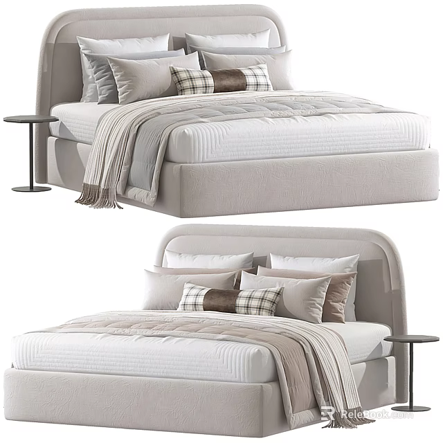 Modern Upholstered Double Bed With Soft Plaid Pillows And Side Nightstand Design 3d model 