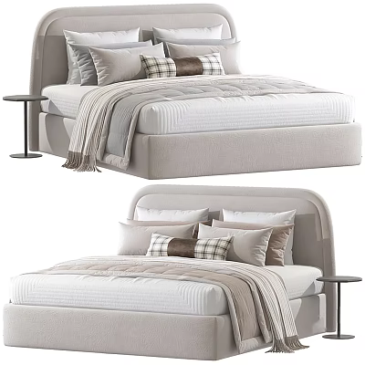 Modern Upholstered Double Bed With Soft Plaid Pillows And Side Nightstand Design 3d model