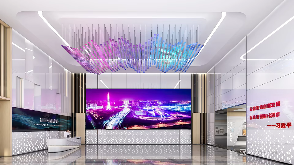 Modern Front Desk Reception Area With Colorful Chandelier Large LED Screen Display And Luxurious Interior 3d model 