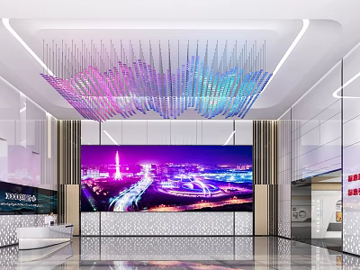 Modern Front Desk Reception Area With Colorful Chandelier Large LED Screen Display And Luxurious Interior 3d model
