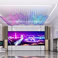 Modern Front Desk Reception Area With Colorful Chandelier Large LED Screen Display And Luxurious Interior