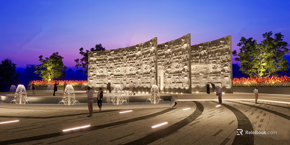 Park Landscape At Evening With Illuminated Stone Wall Fountains Curved Walkway And People Strolling 3d model 