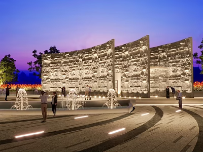 Park Landscape At Evening With Illuminated Stone Wall Fountains Curved Walkway And People Strolling 3d model