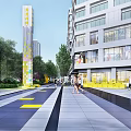 Modern Garden Landscape With Lush Trees Paved Square And Pedestrians Near High Rise Building