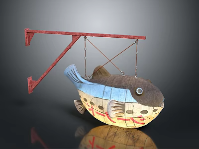 Unique Fish Shaped Wooden Decorative Furniture With Blue Yellow Sections And Red Metal Bracket 3d model