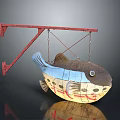 Unique Fish Shaped Wooden Decorative Furniture With Blue Yellow Sections And Red Metal Bracket