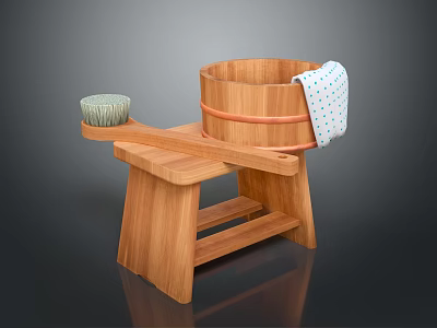 Essential Wooden Bathtub with Stand Green Brush and Blue Dotted Towel 3d model