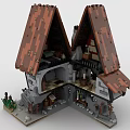 Building Blocks Constructed Two Red Roof Houses With Central Gray Connection And Decorative Golden Leaves