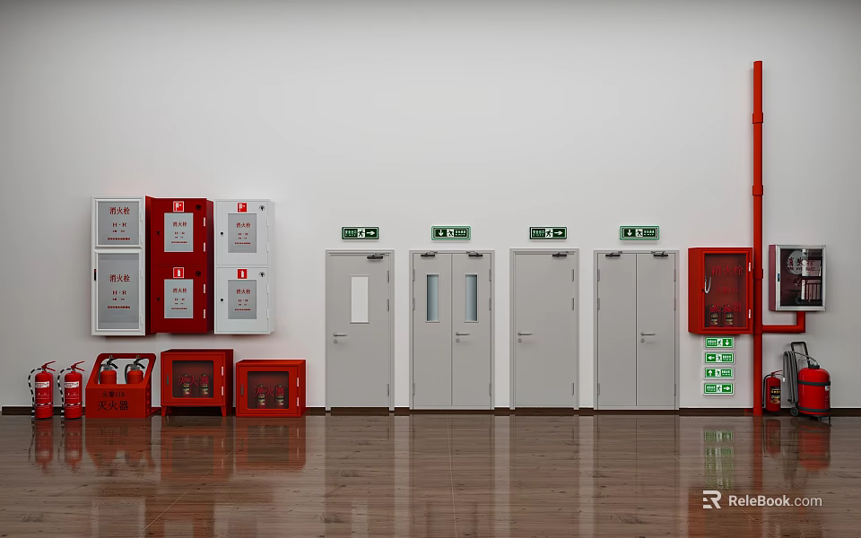 Red Fire Equipment Cabinets And White Doors With Green Emergency Exit Signs In Indoor Area 3d model 