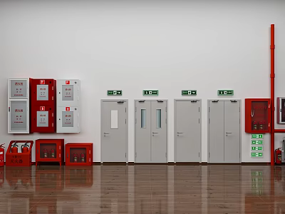 Red Fire Equipment Cabinets And White Doors With Green Emergency Exit Signs In Indoor Area 3d model