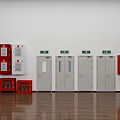 Red Fire Equipment Cabinets And White Doors With Green Emergency Exit Signs In Indoor Area