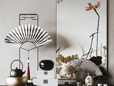 Chinese Style Decorative Ornament Combination Featuring Folding Fans Teapot And Ink Painting For Home Decor 3d model