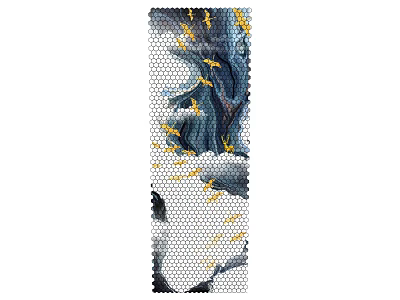 Ink Wash Style Room Partition With Hexagonal Pattern And Yellow Birds 3d model