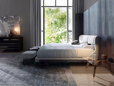 Modern Double Bed Interior With Gray Bedding Ottoman And Large Window View 3d model