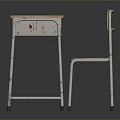 Children's Old Wooden Desk and Chair Set with Worn Surface and Metal Frame