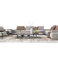 Modern Light Gray L-shaped Sofa With Brown Pillows And Marble Coffee Table On Patterned Rug 3d model
