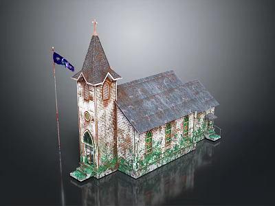 Vintage Church Building With Steeple Flag Wooden Structure And Green Plants Covering Gray Roof 3d model