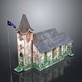 Vintage Church Building With Steeple Flag Wooden Structure And Green Plants Covering Gray Roof