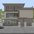 Modern Two Story Detached Villa With Large Glass Windows Courtyard Entrance And Trees