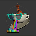 Cartoon Scene Featuring White Cup Wearing Heart Shaped Glasses Red Liquid Splashing Rainbow Colored Pool