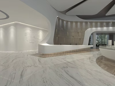 Modern Sales Office Interior Design With White Reception Desk Marble Floor And Lighting 3d model