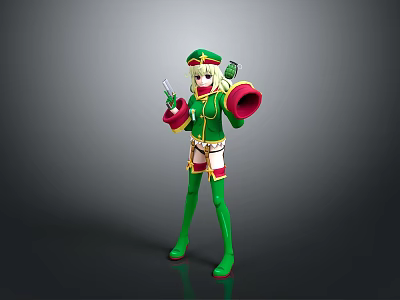 Game Movie Character With Blonde Hair In Green Red Outfit Holding Horn And Boots 3d model