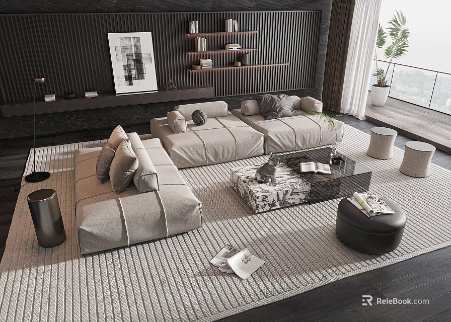 Modern L Shaped Sofa And Coffee Table Set With Light Gray Fabric And Marble Top 3d model 
