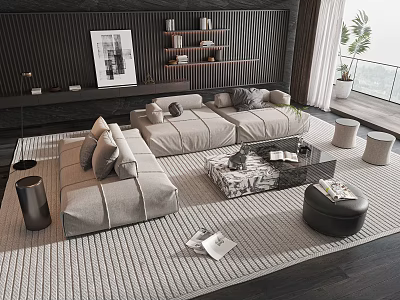 Modern L Shaped Sofa And Coffee Table Set With Light Gray Fabric And Marble Top 3d model