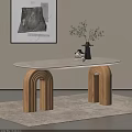 Oval Dining Table with Light Marble Top Arched Wooden Legs Black Vase and Green Plant