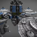 Cartoon Scenario Of Sci Fi Spaceship With Multiple Disc Structures Tower Top Blue Gray Details