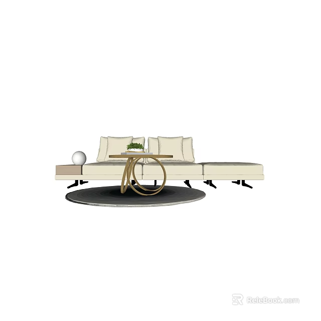 Modern Beige L Shaped Sofa And Gold Metal Round Coffee Table Set With Green Plant 3d model 