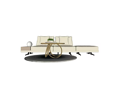 Modern Beige L Shaped Sofa And Gold Metal Round Coffee Table Set With Green Plant 3d model