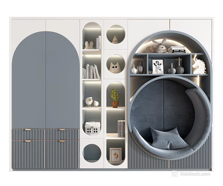 Modern Wardrobe with Arched Design Open Shelves Circular Seating Nook and Decorative Items 3d model 