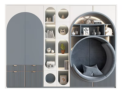 Modern Wardrobe with Arched Design Open Shelves Circular Seating Nook and Decorative Items 3d model