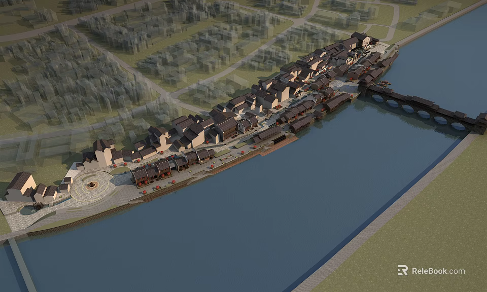 Ancient Architecture Waterfront Scenic Area With Traditional Bridges And River View 3d model 