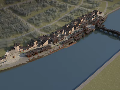 Ancient Architecture Waterfront Scenic Area With Traditional Bridges And River View 3d model