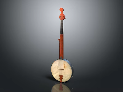 Traditional Banjo Musical Instrument with Wooden Body and Red Accents 3d model