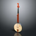 Traditional Banjo Musical Instrument with Wooden Body and Red Accents