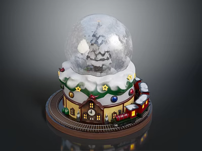 Festive Snow Globe Decor With Christmas Tree Small House Train Clock And Stars 3d model