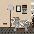 Neutral Patterned Accent Chair With Floor Lamp Wall Art And Vase In Cozy Living Space