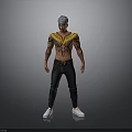 Man With Gray Hair Yellow Decorative Shoulder Piece Tattoos Black Pants And White Sneakers