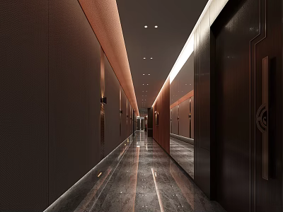 Elegant Modern Elevator Hallway Design With Polished Marble Floor And Recessed Lighting 3d model