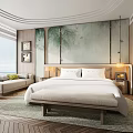Hotel Guest Room Modern Interior with King Bed Floor to Ceiling Windows Sea View and Decorative Wall
