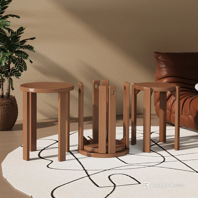 Modern Living Room Interior With Brown Leather Sofa Round Wooden Side Tables And Green Plant 3d model 
