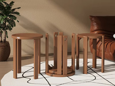 Modern Living Room Interior With Brown Leather Sofa Round Wooden Side Tables And Green Plant 3d model