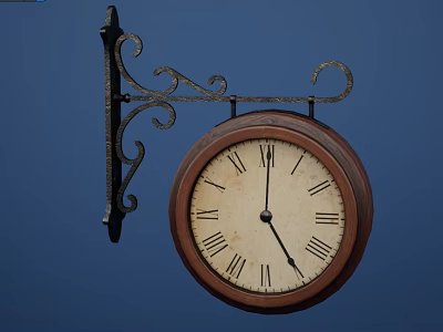 Vintage Wall Clock With Wrought Iron Bracket Roman Numerals Cream Dial And Wooden Frame 3d model