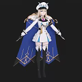 Anime Style Character In White Blue Outfit With Cloak Hat And Weapons
